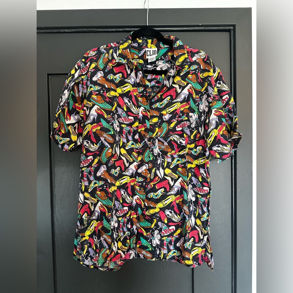 Vintage silk button down Clio shirt in M - super colorful!